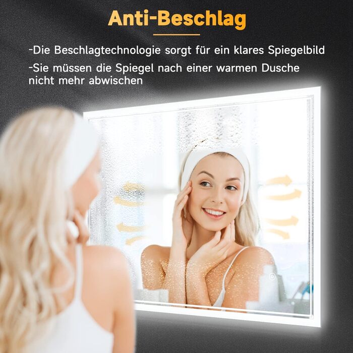 Дзеркало для ванної кімнати SONNI з підсвічуванням 80x60 см, 3 кольори світла, проти запотівання, LED, сенсорне керування, годинник, температура, 3x збільшення