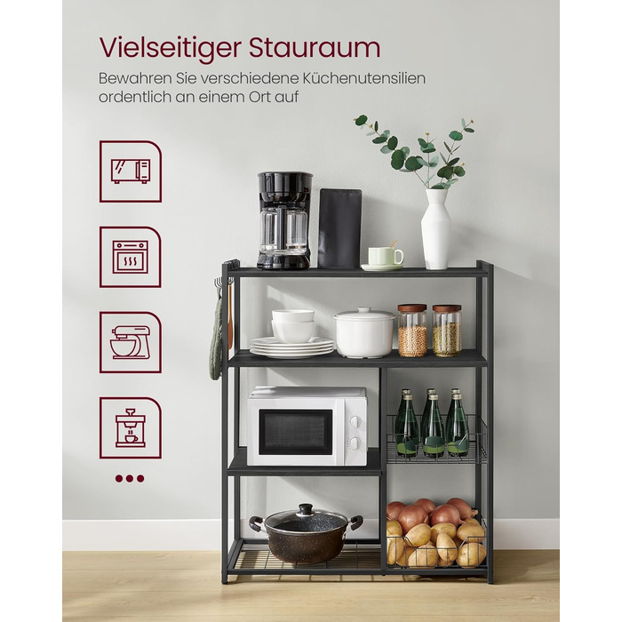 Стійка для кухні VASAGLE з 2 металевими кошиками, пекарська стійка з гачками та полицями, для мікрохвильової печі, 35 x 80 x 93,5 см, золотий дуб + білий (антрацитовий сірий + чорний)