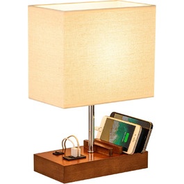 Настільна лампа Dreamholder з 3 USB (A+C) портами, підставкою для телефону, для спальні, вітальні, офісу, з натуральним дерев'яним цоколем та тканинним абажуром (цоколь з горіхового дерева)
