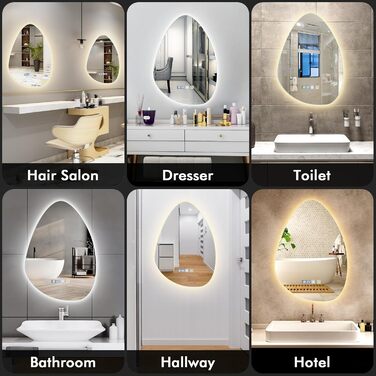 Круглий дзеркало для ванної кімнати з підсвічуванням, 60 см, антизапар, LED, Bluetooth, сенсорне управління, 3000K-4000K-6500K, регулювання яскравості, HD-загартоване скло, дзеркало для ванної кімнати з підсвічуванням (500x700 мм, краплеподібної форми)