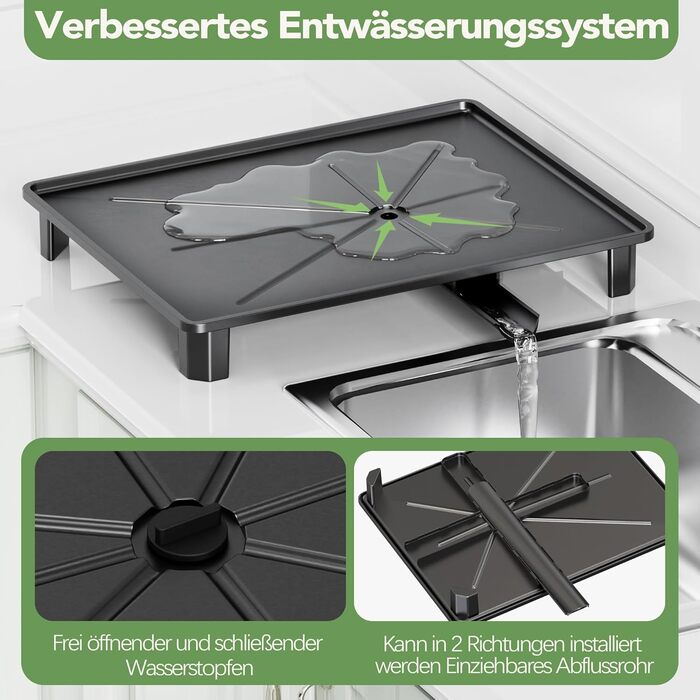 Сушарка для посуду ROTTOGOON розширювана, нержавіюча сталь, з висувним носиком та відділенням для столових приладів, чорна (1-рівнева)