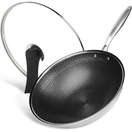 Вок RIOVARM 32 см з нержавіючої сталі з кришкою, антипригарне покриття, плоске дно, індукційні та газові плити, посудомийна машина, духовка, тришарова структура