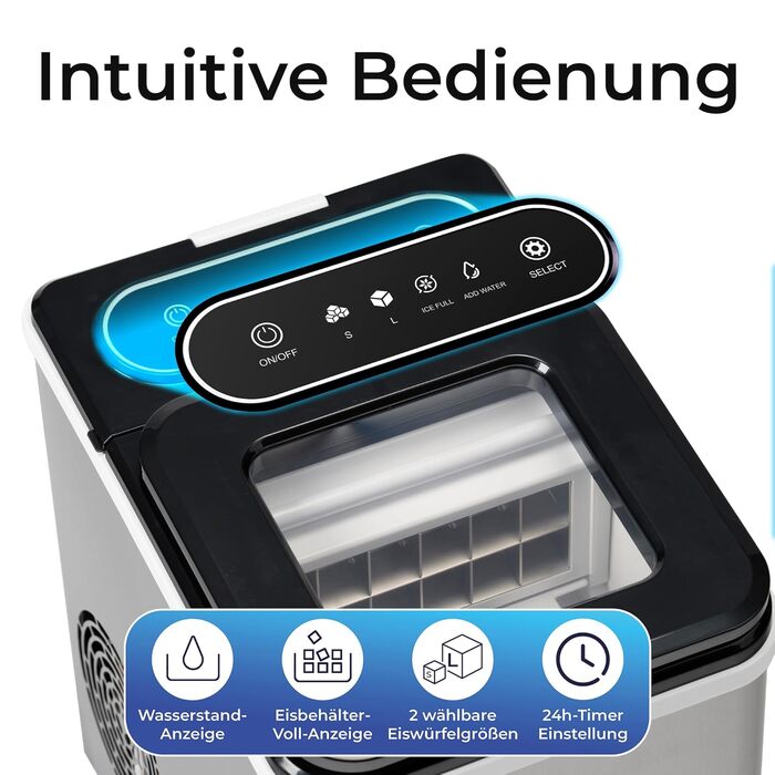 Льодогенератор KLAMER 24 кг/добу, 3 розміри кубиків льоду, резервуар 2.2 л, 130 Вт - тихий льодогенератор для дому та бізнесу