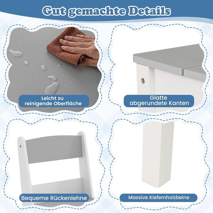 Дитячий стіл COSTWAY 3 в 1 з 2 стільцями, мольберт, органайзер, сірий (120x60x60 см)