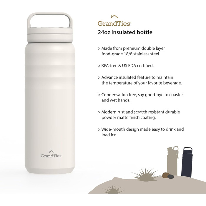 Термопляшка GRANDTIES 946мл з широким горлом та двома кришками, для чоловіків та жінок, колір слонова кістка