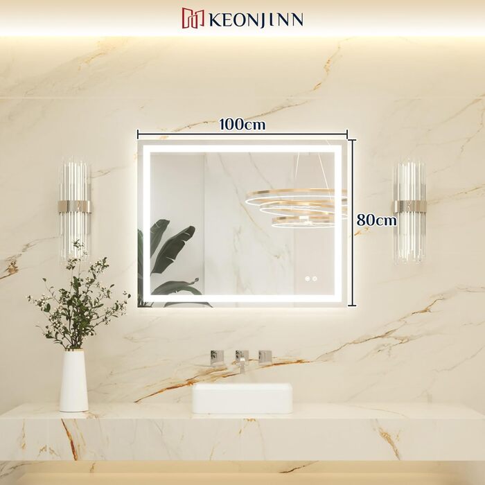 Дзеркало для ванної кімнати Keonjinn з підсвічуванням 50x70 см, без пари, LED, сенсорне керування, 3 кольори, регулювання яскравості, пам'ять, настінне, без рами