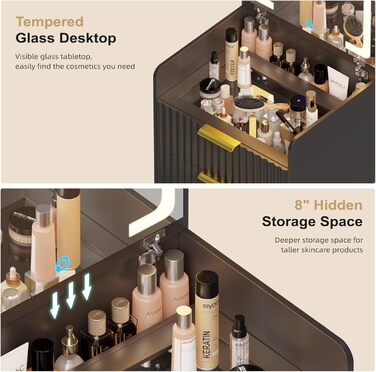 Трюмо Lvifur з LED-дзеркалом та 3 шухлядами, кутовий, для спальні, квартири, гуртожитку, білий (чорний)