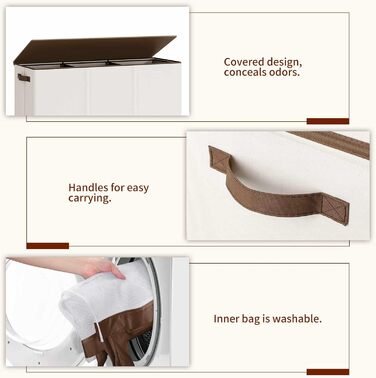 Кошик для білизни Relefree з 3 відділеннями, 180 л, великий кошик для сортування білизни, з 3 знімними мішками, з кришкою, для спальні, ванної кімнати, гуртожитку, кольору слонової кістки
