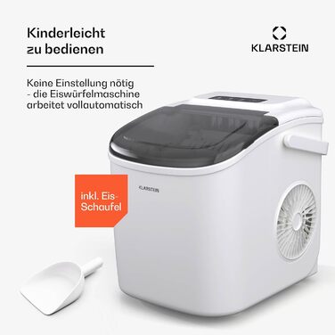 Машина для приготування льоду Klarstein - 12 кг/24 год, 2 розміри, резервуар 1,3 л, LED-дисплеї, прозорий кришка, портативна, для вечірок/садових свят, білий