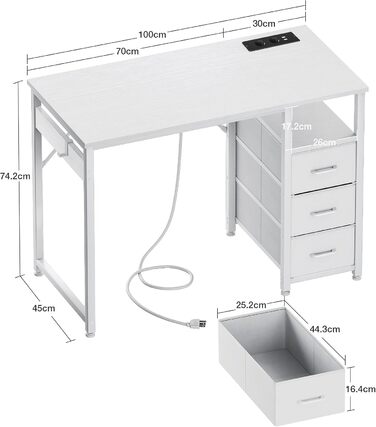 Комп'ютерний стіл ODK з 3 висувними ящиками, 100x48x75.5 см, з розетками та USB, білий. Перевертається, для дому та офісу