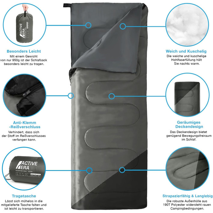 Спальний мішок Active Era Blanket - Спальний мішок, від -3 C до 15 C Літо, весна, осінь - легкий спальний мішок для вулиці та в приміщенні чорний