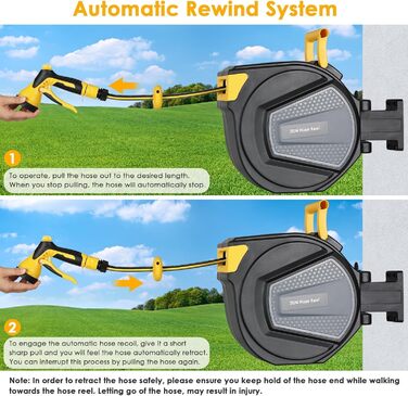 Шланговий барабан з шлангом для саду, настінний, поворотний на 180°, автоматичне змотування, бокс для шланга з ручною лійкою, 9 функцій, для поливу та миття авто (чорно-жовтий, 20 м)