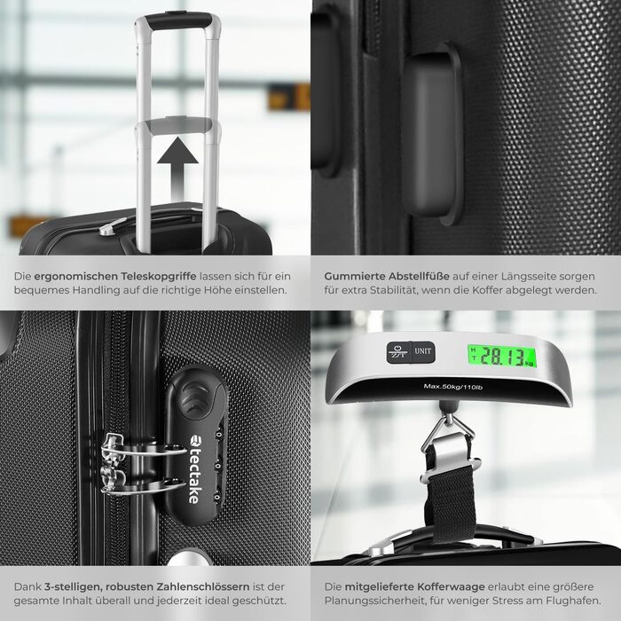 Набір валіз Tectake 3 шт. з ваговою та ідентифікатором, M-L-XL, ABS, чорний