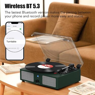 Вініловий програвач Udreamer з Bluetooth, вбудованими динаміками, пасиковим приводом, ретро-дизайн, 3 швидкості, для дому, зелений