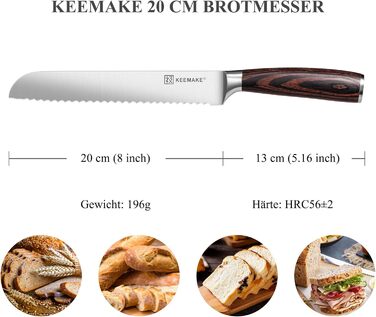 KEEMAKE Набір професійних кухонних ножів з нержавіючої сталі, 20 см (хлібний ніж)