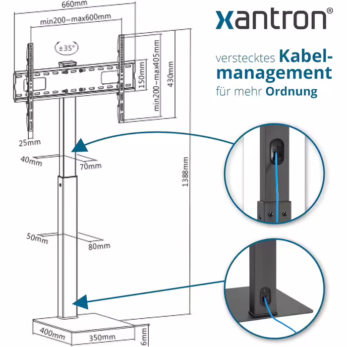 Підставка під телевізор Xantron регулюється по висоті для телевізорів до 75 дюймів, з полицею, не перекочується