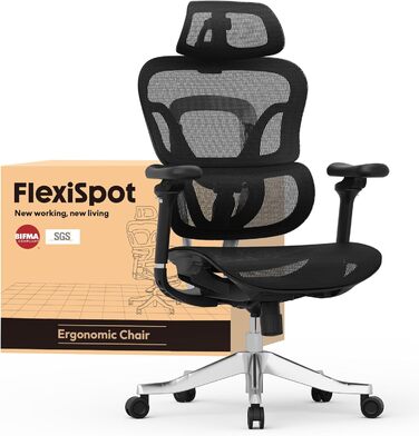 Офісний стіл ErgoX FLEXISPOT: ергономічний крісло з 3D підлокітниками, 3D-підголівником, 5D-регулюванням спинки, дихаючим сидінням, до 130 кг (Чорний)