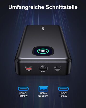 Power Bank 140W, 25000mAh з дисплеєм для ноутбука, MacBook, iPad, iPhone, Switch. Швидка зарядка PD3.1 (Сірий)