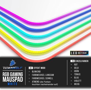 Кисмет TITANWOLF XXXL RGB килимок для миші – 1200 x 600 мм, LED, 7 кольорів, 4 режими, для геймінгу, гумовий, миється (білий)