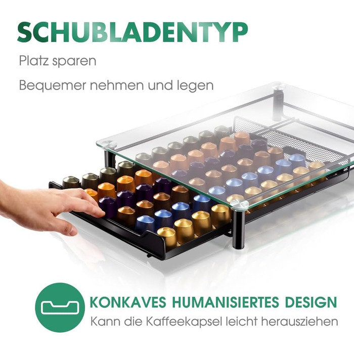 Підставка для капсул кави Masthome для Nespresso, на 60 капсул, зі скляною кришкою та шухлядою, з мікрофіброю