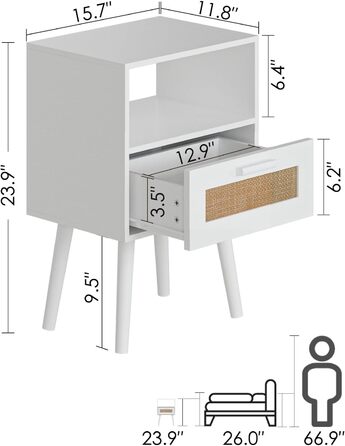 Приліжкова тумбочка HEYZOEY біла з ящиками з ротанга, дерев'яний акцентний столик з місцем для зберігання для спальні