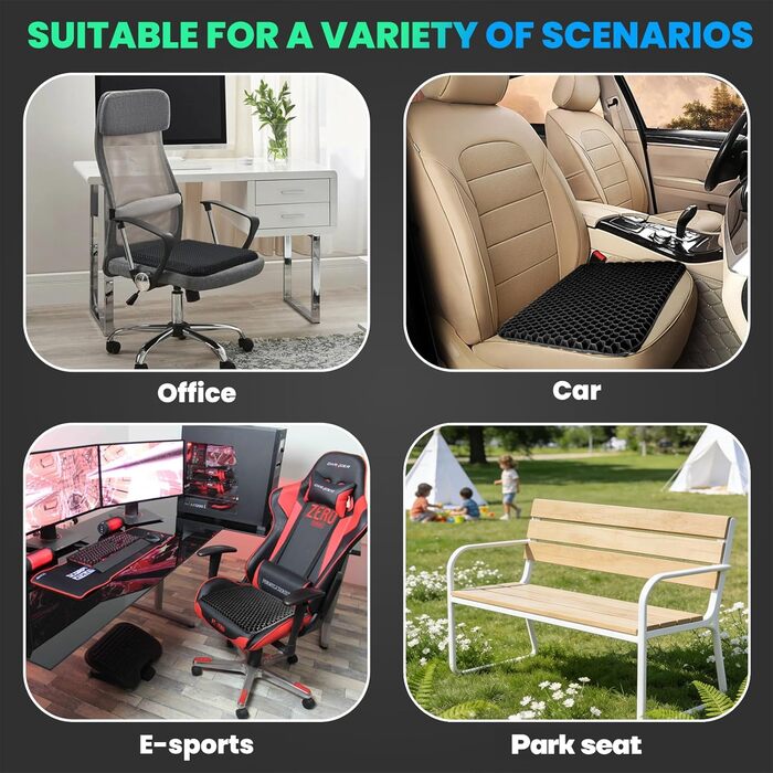 Ортопедична гелева подушка на сидіння для офісного крісла, авто та візків — м'яка подушка з антиковзаючим знімним чохлом, чорна (43x39x4 см)