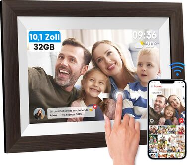 Цифровий фоторамка Mejasg 10.1 дюйма з Wi-Fi, 32GB, IPS сенсорний екран, автоповорот, для фото та відео, з дерева