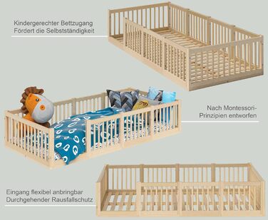 Дитяче ліжечко Bellabino Teno 90 х 200 см із захистом від падіння, підлогове ліжко з круглими стійками, ліжечко Монтессорі з масиву сосни в т.ч. рейковий каркас натуральний лакований