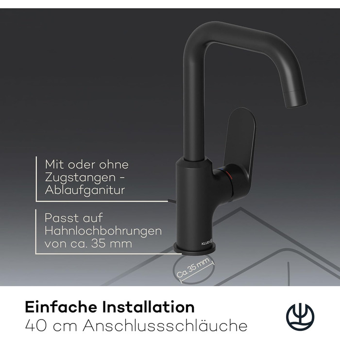 Змішувач для ванної кімнати KLUDI-X1 з висувним зливом, поворотний 360°, висота виливу 205 мм, водозберігаючий, розмір L, з підключенням, чорний матовий