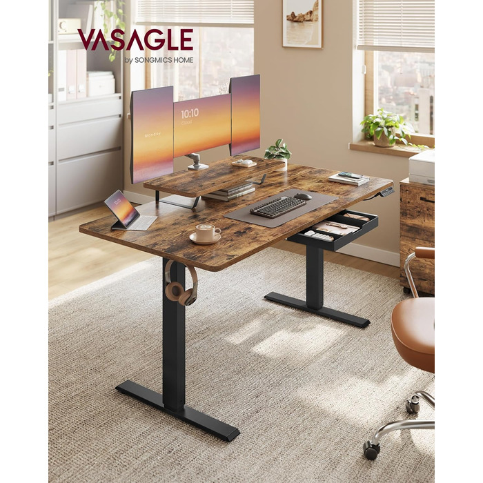 Стіл письмовий регульований по висоті VASAGLE з підставкою для монітора, шухлядою, USB-C та нагадуванням про перерви, 140 x 70 см, Vintage Brown