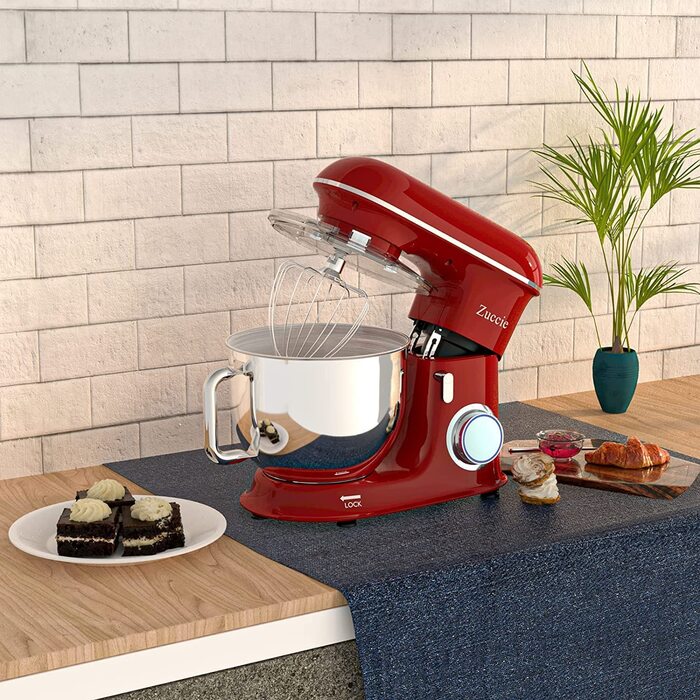 Кухонна машина Zuccie з тихою роботою, місткістю 5л, з нержавіючою сталевою чашею, 3 насадки, захист від бризок, скребок для тіста та роздільник яєць, 8+ швидкостей