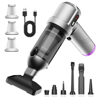 Акумуляторний ручний пилосмок 4 в 1, бездротовий портативний пилосос для авто та дому, 25000Па, з автоматичним очищенням та потужним всмоктуванням для шерсті тварин, сріблястий