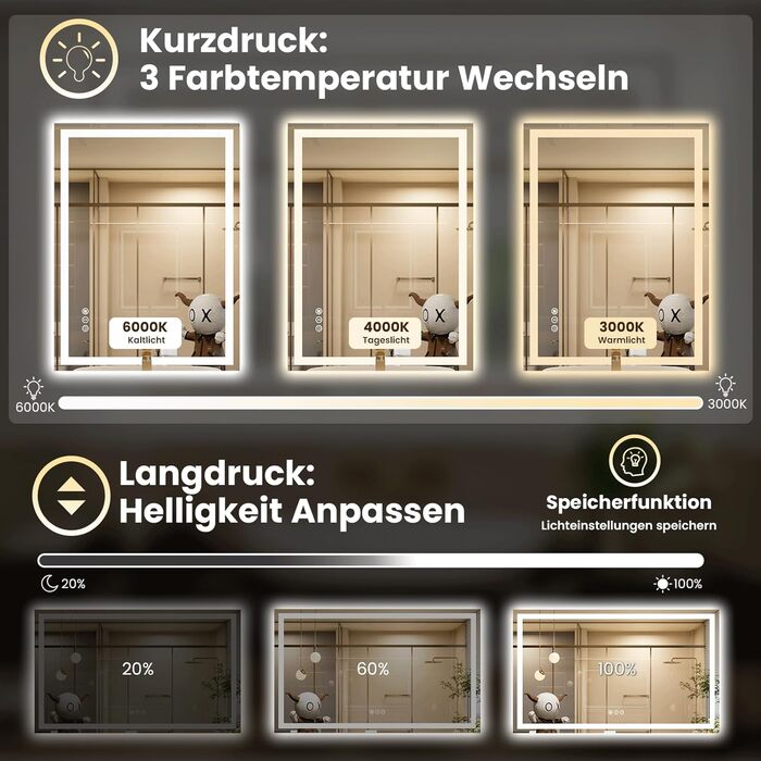 LED дзеркало для ванної кімнати 60x80 см з підсвічуванням, сенсорне керування, регулювання яскравості, 3 кольори світла, антизапар, IP44, вертикальна/горизонтальна орієнтація