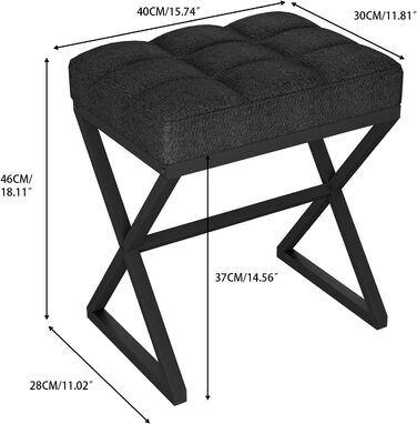 Чорний пуф-табуретка для макіяжу з металевими ніжками X-подібної форми, 40x30x46 см