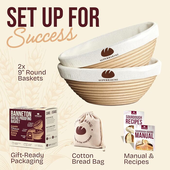 Набір для випічки закваски Superbaking: 2 корзини для розстойки (22.9 см, 25.4 см) та стартер, комплект для приготування заквасочного хліба