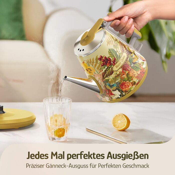 Електричний чайник Hazel Quinn, 1 л, ретро-дизайн, з нержавіючої сталі 304, 1360W, білий перламутровий (жовтий з квітковим візерунком), BPA-free, автоматичне вимкнення