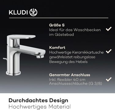 Змішувач для ванної кімнати KLUDI-X1 з витяжним зливом, висота виливу 75 мм, водозберігаючий кран, розмір S, керамічний картридж, для раковини, з підвідними шлангами, хром S