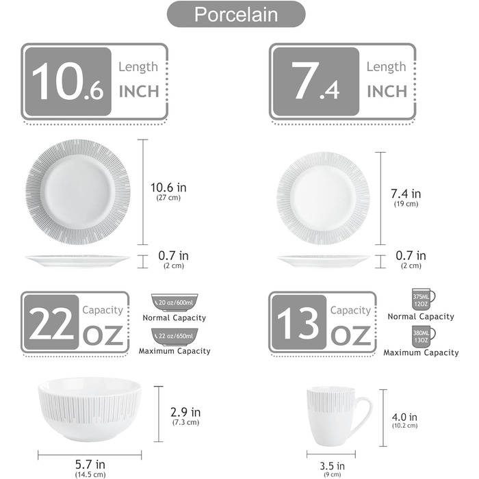 Серія обіднього сервізу 'FRAME з порцеляни, 32 шт. и Комбіноване обслуговування включає обідню тарілку 10,75 дюйма, десертну тарілку 7,5 дюйма, миску 5,5 дюйма та чашку для кави 380 мл, повний комплекс послуг для 8 осіб