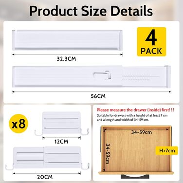 Набір роздільників для ящиків Gigmeta (4 шт) з регулюванням, 34–59 см, >7 см. Підходить для шафи, спальні, комода, кухні, офісу