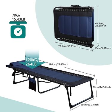 Великий розкладний шезлонг для саду: 5 положень спинки, Outdoor, XXL, триногий, для пляжу/кемпінгу, до 150 кг, з подушкою та кишенею, 200x68 см, сірий (Navy_s, 190x59 см)