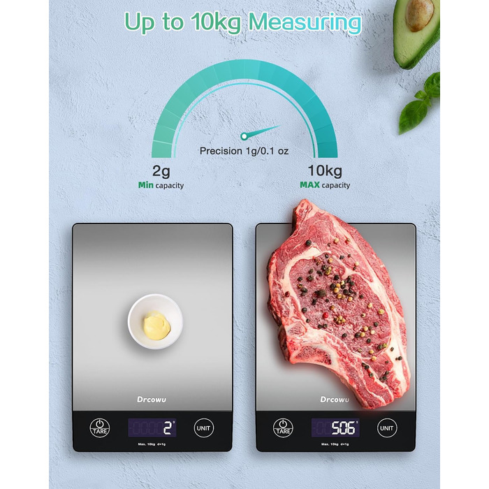 Цифрові кухонні ваги Drcowu 10 кг, РК-дисплей, точність 1 г, тара, 6 одиниць, приготування та випічка
