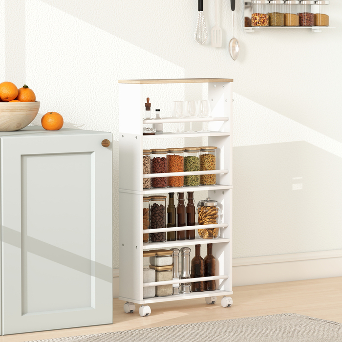 Багатофункціональна полиця на колесах, вузький дизайн, 4 відділення, 45x15x91 см, колір натуральний