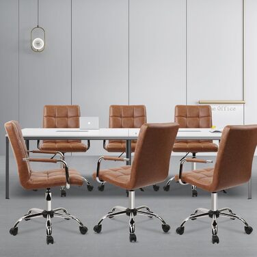 Офісний крісло Clatina з шкіри, на колесах, ергономічний, з середньою спинкою та підлокітниками, поворотне, регульоване по висоті, для дому, кабінету, 160 кг (Колір: Коричневий, Комплект: 4 шт.)