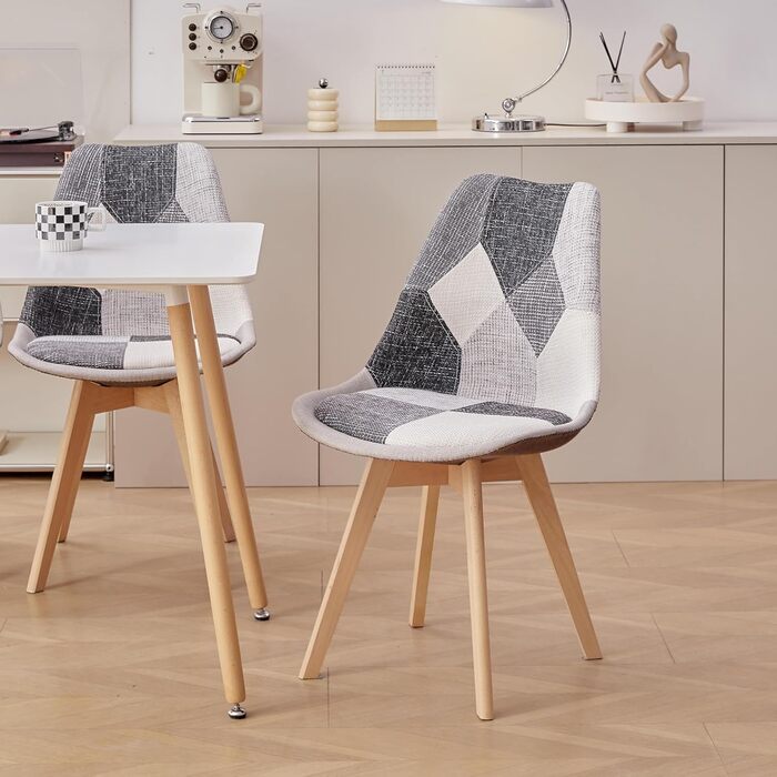 6 стільців для обідньої зони: дерев'яні ніжки, знімні подушки, сучасний дизайн, сірий patchwork