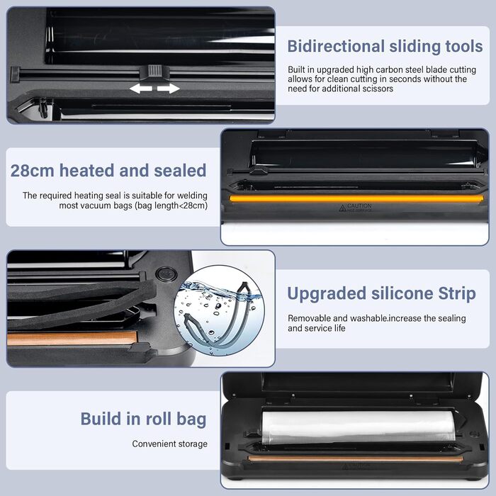 Вакууматор 8-в-1 для сухої та вологої їжі, вакуумний пакувальник 80 кПа з вбудованим різаком, відсіком для пакетів та цифровим таймером (Чорний)