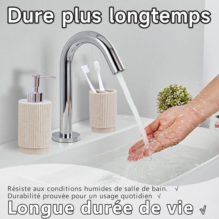 Набір для ванної кімнати 6-частинний: дозатор для мила, стакан для зубної пасти з підносом та коробочка для ватних паличок – смугастий дизайн, високоякісна смола. В комплекті: бежевий 4-частинний набір