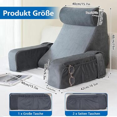 Підголовник для читання в ліжко/диван з підлокітниками та подушкою для голови, спинка для дорослих, V-подібний килимок знімним чохлом, килимок для читання/ігор/перегляду телевізора