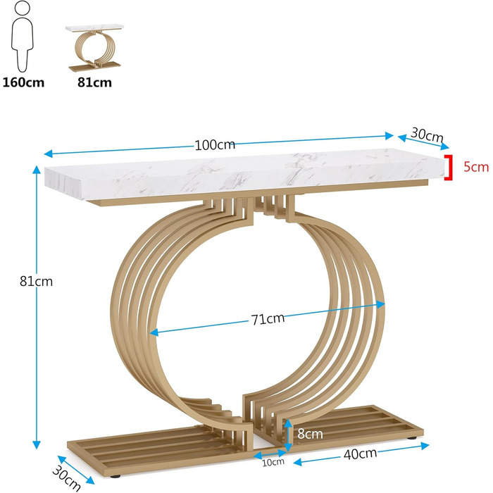 Сучасний консольний стіл Tribesigns, геометричний, золотий металевий каркас, диванний стіл для вітальні, Hallyway (білий/золотий)