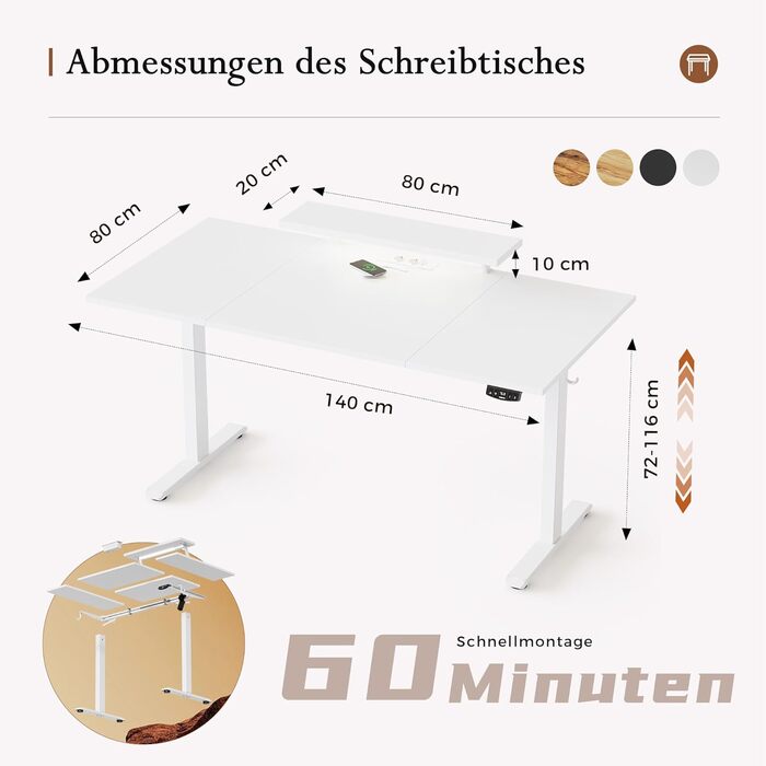 Регульований по висоті письмовий стіл Klicelor з LED-підсвіткою та розетками, 160x80 см, білий — геймерський стіл для офісу з підставкою під монітор та стільницею з 3 частин