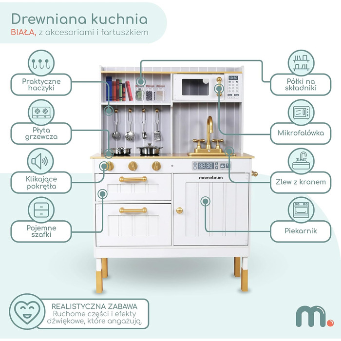 Дерев'яна дитяча кухня Mamabrum з LED-підсвічуванням - іграшковий кухонний набір з висотою, що регулюється, з приготуванням кубиків льоду, мікрохвильовою піччю, плитою та посудомийною машиною - іграшка для дітей від 3 років (Білий)